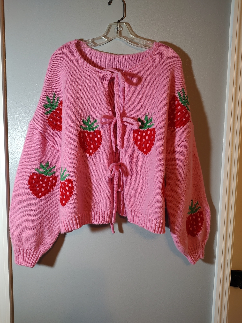 Pink Strawberry Knit Tie-Front Sweater